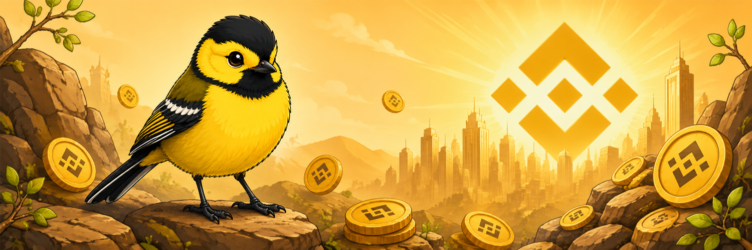 BNBBird standing on a golden cliff above a BNB city skyline