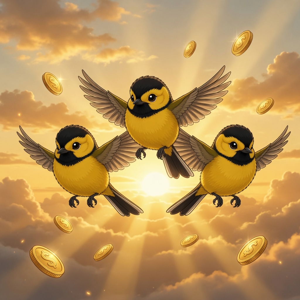 A flock of BNBBirds flying into the sunrise