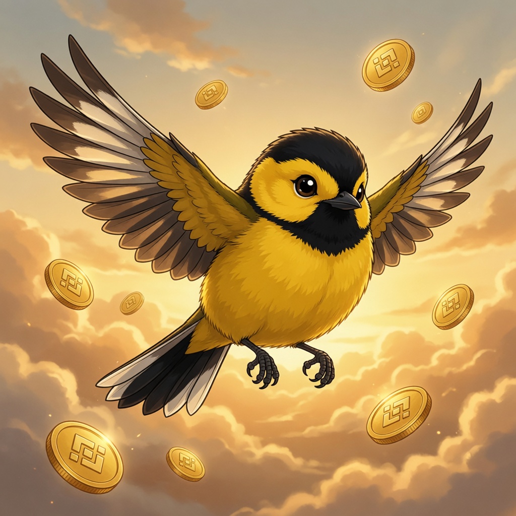 BNBBird soaring through a golden sky with coins